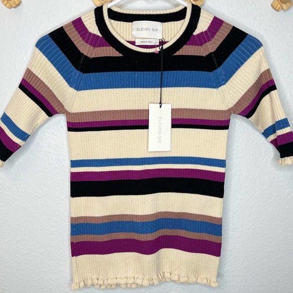 Eleven Six Abi 70s Multi Stripe Short Sleeve Sweater Medium - Picture 6 of 11
